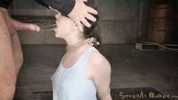 Blindfolded teen in blue dress sucks a dick with tied hands