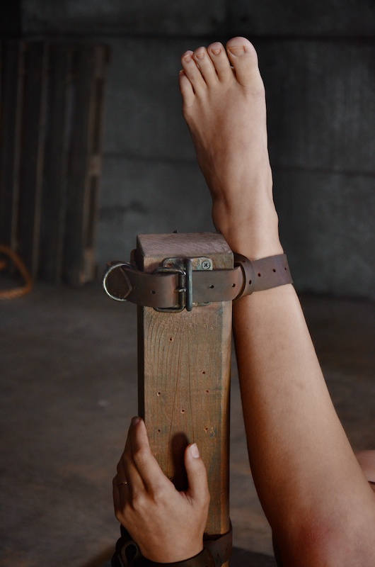 Cheap slut with belted legs drilled by two masters